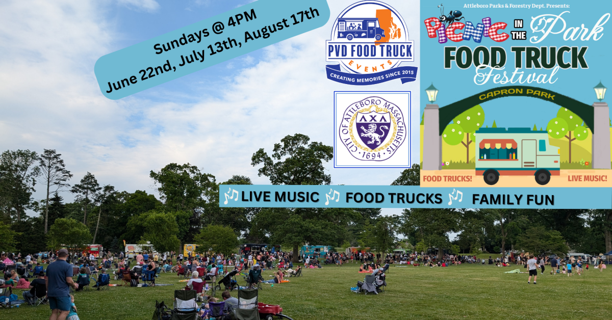  Join us for the Food Truck Picnic in the Park event series at Capron Park in Attleboro, MA. Enjoy over a dozen food trucks, live music, and a relaxing evening with family and friends. Free admission.